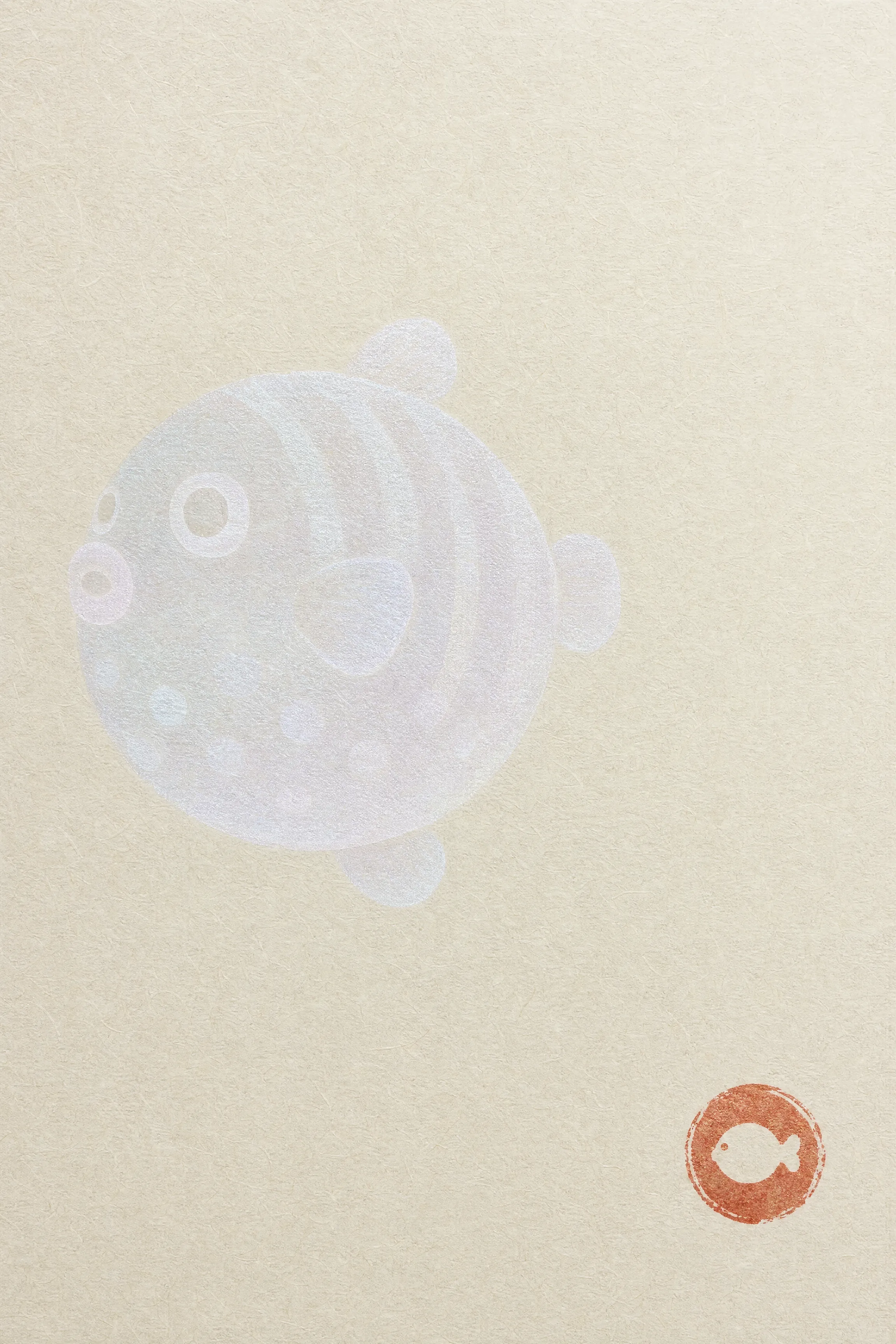 A ghost gyotaku print: the same layout in faint mother-of-pearl shimmer instead of ink.